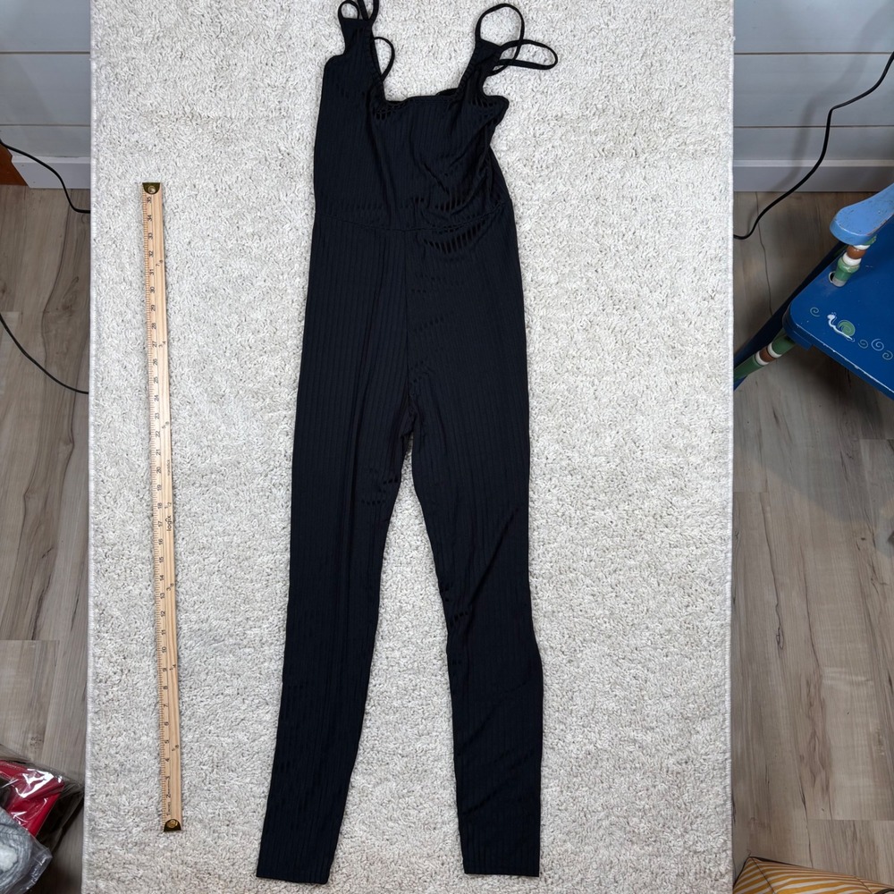 PRETTYLITTLETHING Black Ribbed Spaghetti Strap Jumpsuit Bodycon Full Length Sz 6